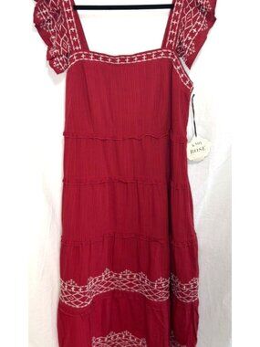 Knox Rose Tiered Midi Dress Sun Dress Embroidered Red Pockets Lined NEW Sz Large